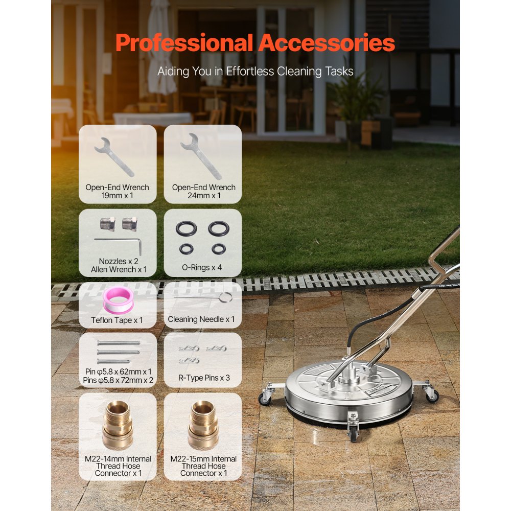 VEVOR 24" Pressure Washer Surface Cleaner, Stainless Steel Pressure Washer Attachments with 4 Wheels, 4000 Max PSI, 3/8 Quick Connector, 2 Spray Nozzles, Dual Handle, for Concrete, Patio, Sidewalk