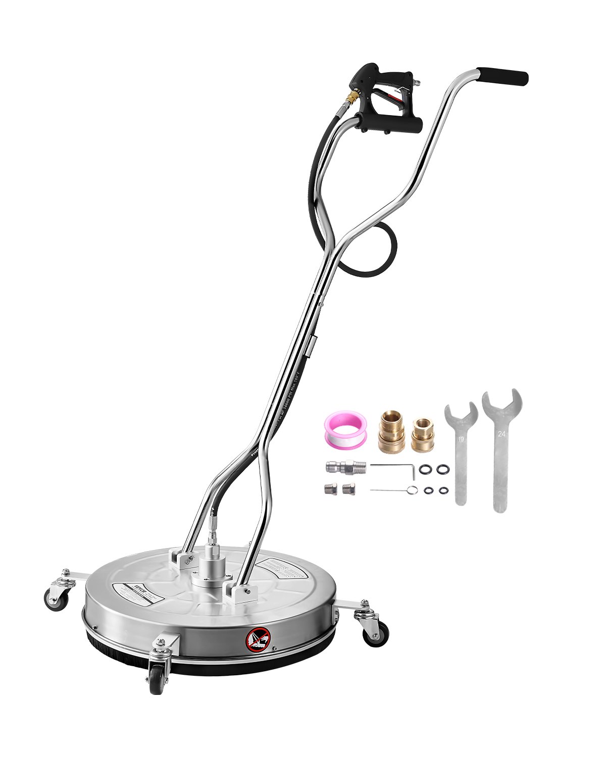 VEVOR 24" Pressure Washer Surface Cleaner, Stainless Steel Pressure Washer Attachments with 4 Wheels, 4000 Max PSI, 3/8 Quick Connector, 2 Spray Nozzles, Dual Handle, for Concrete, Patio, Sidewalk