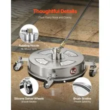 VEVOR 14" Pressure Washer Surface Cleaner, Stainless Steel Pressure Washer Attachments with 4 Wheels, 4000 Max PSI, 1/4 Quick Connector, 2 Spray Nozzles, 2 Extended Wands for Concrete, Patio, Deck