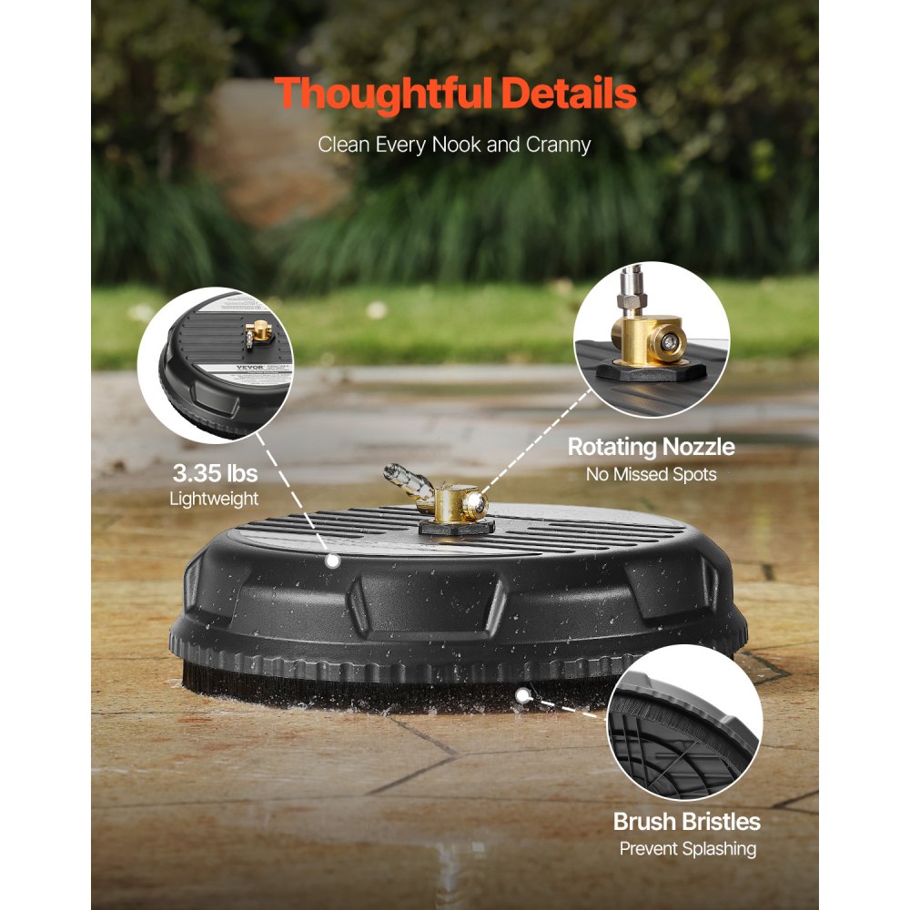 VEVOR 15" Pressure Washer Surface Cleaner, Plastic Pressure Washer Attachments with 4 Wheels, 4000 Max PSI, 1/4 Quick Connector, 2 Spray Nozzles, Ideal for Driveways, Sidewalks, Patios, Decks, Black