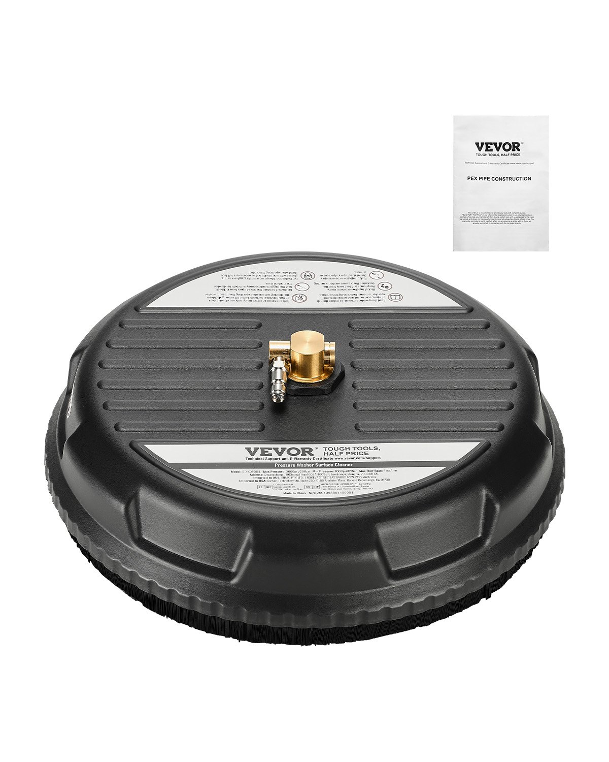 VEVOR 15" Pressure Washer Surface Cleaner, Plastic Pressure Washer Attachments with 4 Wheels, 4000 Max PSI, 1/4 Quick Connector, 2 Spray Nozzles, Ideal for Driveways, Sidewalks, Patios, Decks, Black