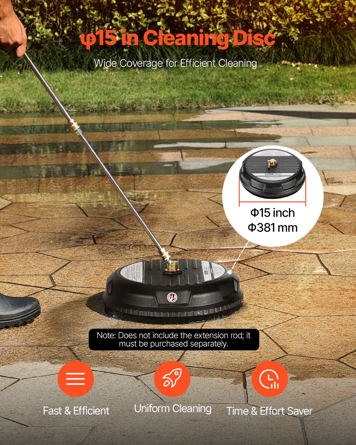 VEVOR 15" Pressure Washer Surface Cleaner, Plastic Pressure Washer Attachments with 4 Wheels, 4000 Max PSI, 1/4 Quick Connector, 2 Spray Nozzles, Ideal for Driveways, Sidewalks, Patios, Decks, Black
