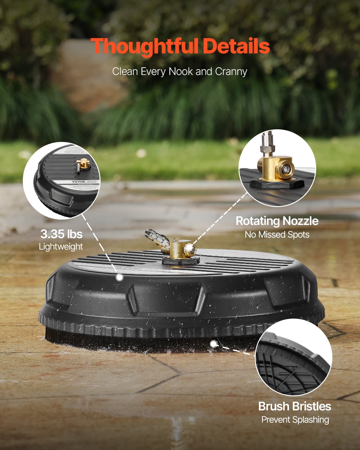 VEVOR 15" Pressure Washer Surface Cleaner, Plastic Pressure Washer Attachments with 4 Wheels, 4000 Max PSI, 1/4 Quick Connector, 2 Spray Nozzles, Ideal for Driveways, Sidewalks, Patios, Decks, Black