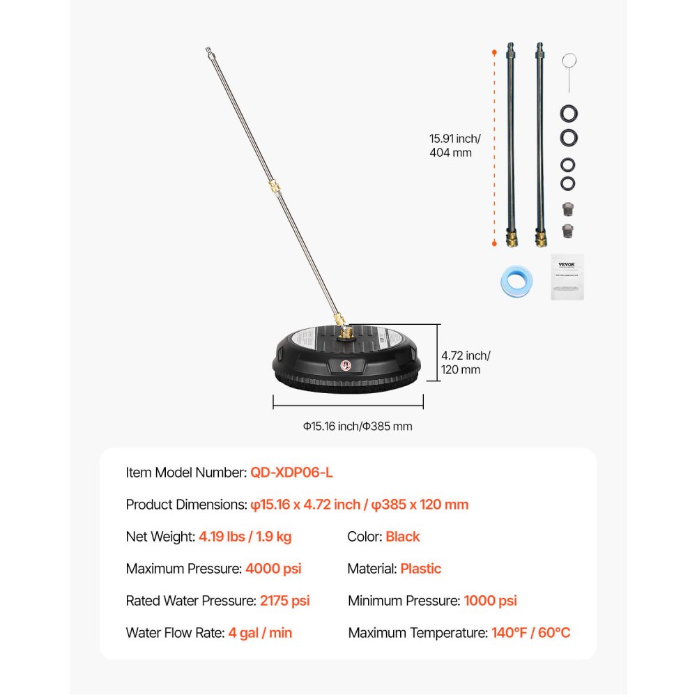 VEVOR 15" Pressure Washer Surface Cleaner, Plastic Pressure Washer Attachments with 4 Wheels, 4000 Max PSI, 1/4 Quick Connector, 2 Spray Nozzles, 2 Extended Wands for Driveway, Sidewalk, Patio, Deck