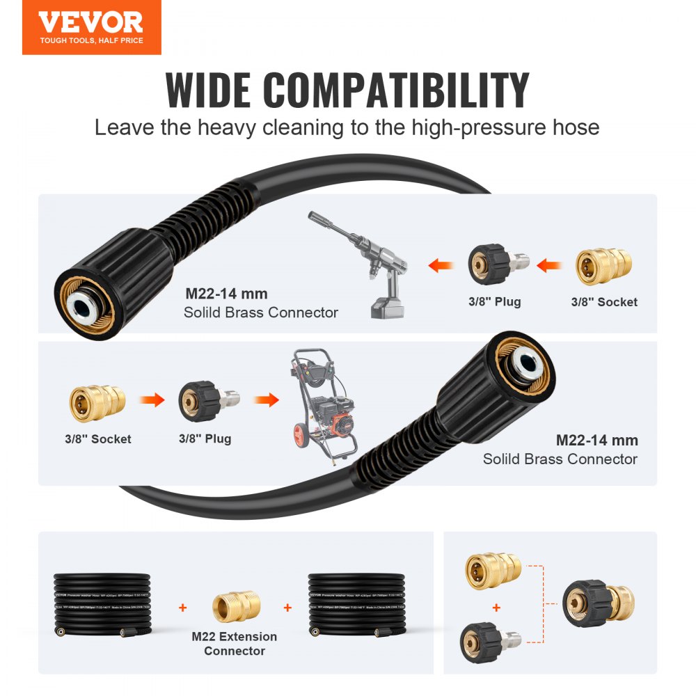 VEVOR VEVOR Pressure Washer Hose, 30.5m, 6.35mm Kink Free M22-14mm Brass  Thread Replacement For Most Brand Pressure Washers, 19mm Bending Radius,  4200 PSI Heavy Duty Power Washer Extension Replacement Hose