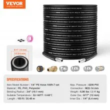 VEVOR Pressure Washer Hose, 100FT, 1/4" Kink Free Brass Thread Replacement For Most Brand Pressure Washers, 3/4'' Bending Radius, 4200 PSI Heavy Duty Power Washer Extension Spray Nozzle