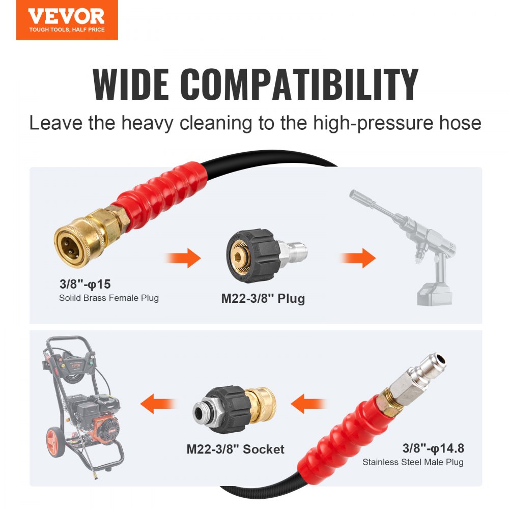 VEVOR Pressure Washer Hose, 100FT, Kink Free 3/8-φ14.8 Male, 3/8-φ15  Female For Most Brand Pressure Washers, 4.9'' Bending Radius, 4800 PSI  Heavy Duty Power Washer Extension Replacement Hose