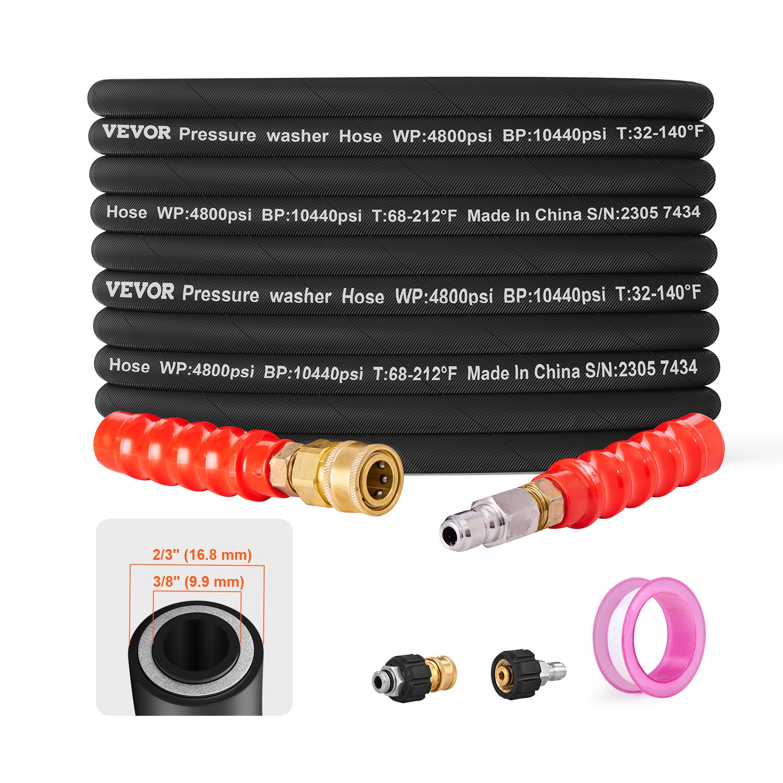 VEVOR Pressure Washer Hose, 100FT, Kink Free 3/8"-φ14.8 Male, 3/8"-φ15 Female For Most Brand Pressure Washers, 4.9'' Bending Radius, 4800 PSI Heavy Duty Power Washer Extension Replacement Hose