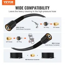 VEVOR Pressure Washer Hose, 15m, 6.35mm Kink Free M22-14mm Brass Thread Replacement For Most Brand Pressure Washers, 19mm Bending Radius, 3600 PSI Heavy Duty Power Washer Extension Replacement Hose
