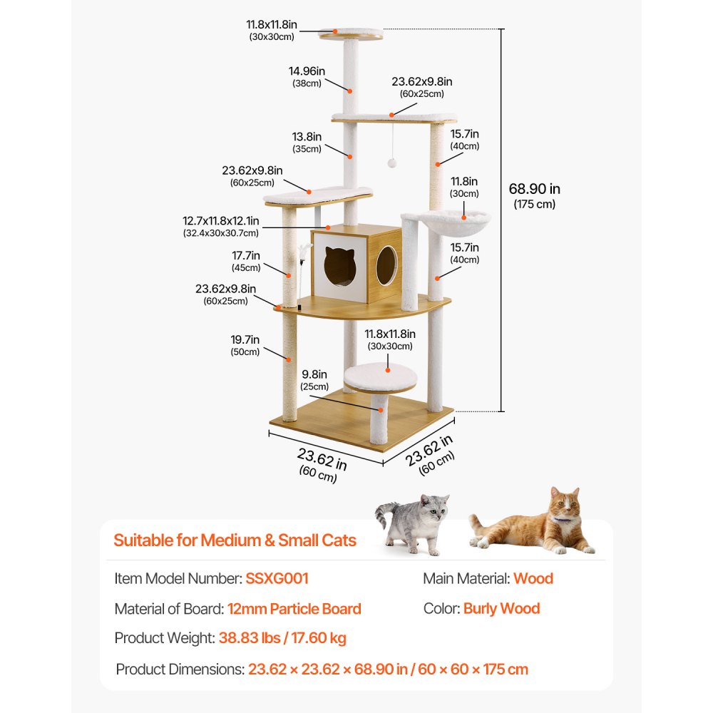 VEVOR Large Cat Tree, 68.9 inches Tall, Cat Tower, Multi-level Cat Condo Furniture Activity Center with Cozy Perches, Sisal Scratching Posts, Hammock, Big Kittens House for Indoor Cats Play & Rest