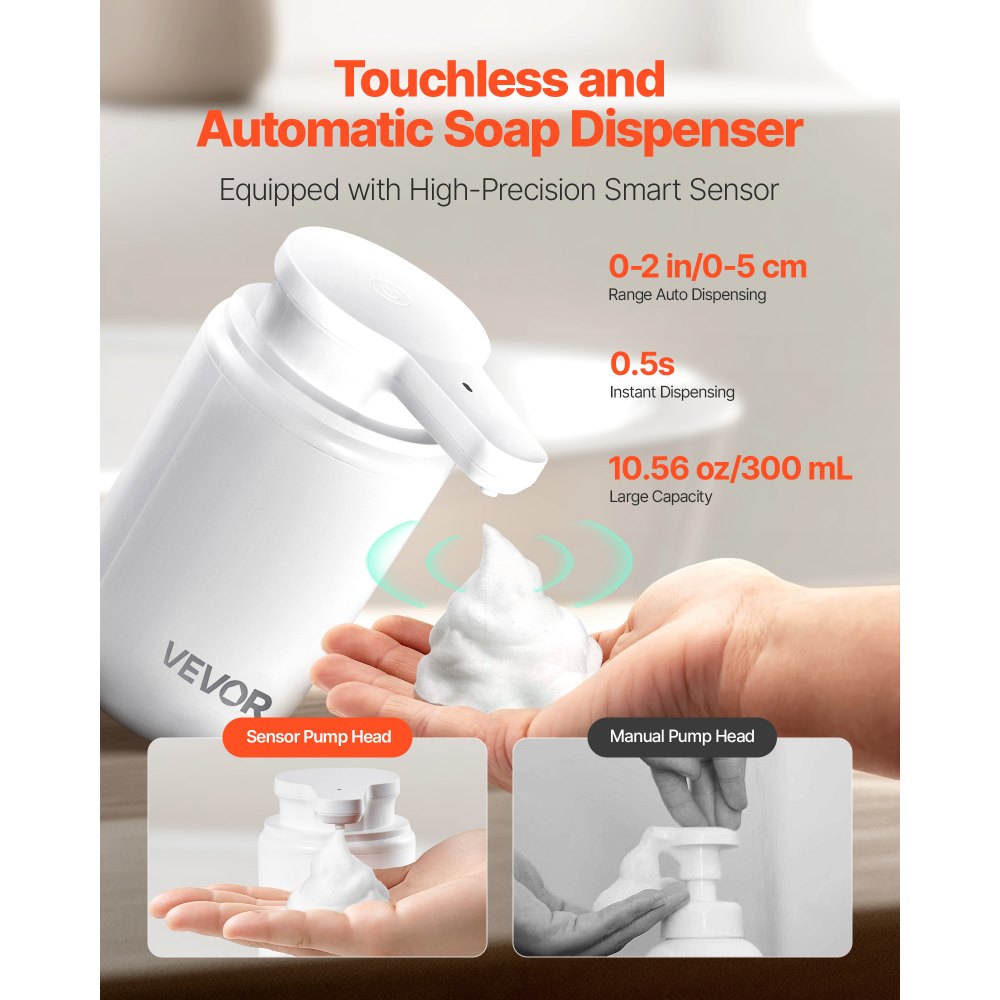 VEVOR Soap Dispenser, 300 ml / 10 oz, Rechargeable Automatic Hand Soap Dispenser with Pump, 2 Adjustable Levels, Modern Touchless Liquid Foam Container with Indicator for Bathroom and Kitchen, White