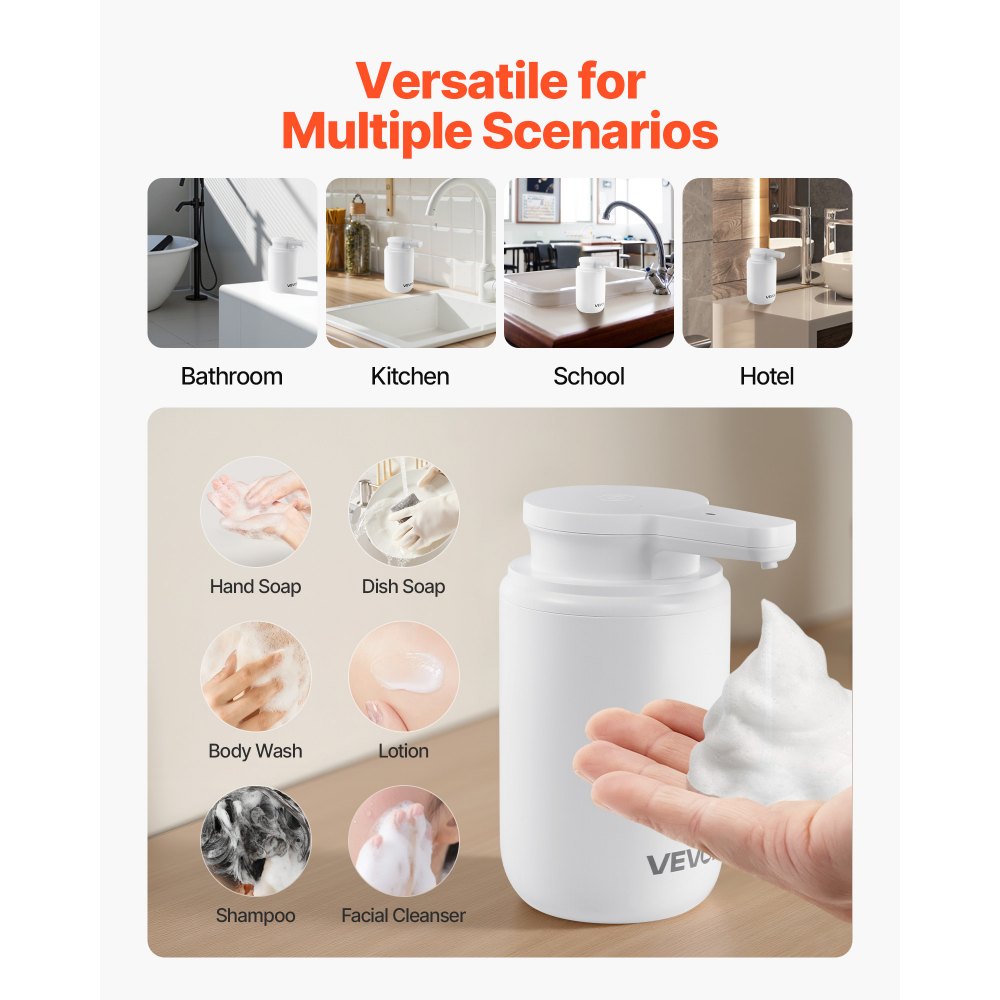VEVOR Soap Dispenser, 300 ml / 10 oz, Rechargeable Automatic Hand Soap Dispenser with Pump, 2 Adjustable Levels, Modern Touchless Liquid Foam Container with Indicator for Bathroom and Kitchen, White