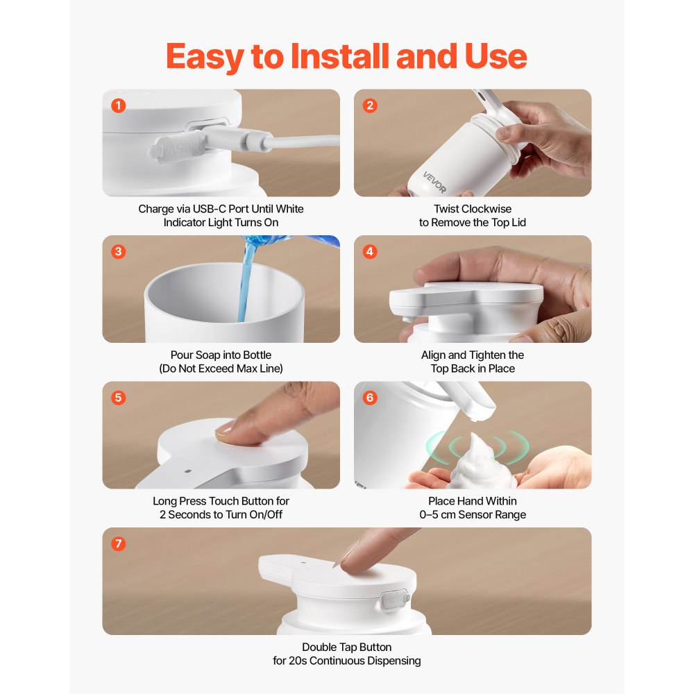 VEVOR Soap Dispenser, 300 ml / 10 oz, Rechargeable Automatic Hand Soap Dispenser with Pump, 2 Adjustable Levels, Modern Touchless Liquid Foam Container with Indicator for Bathroom and Kitchen, White
