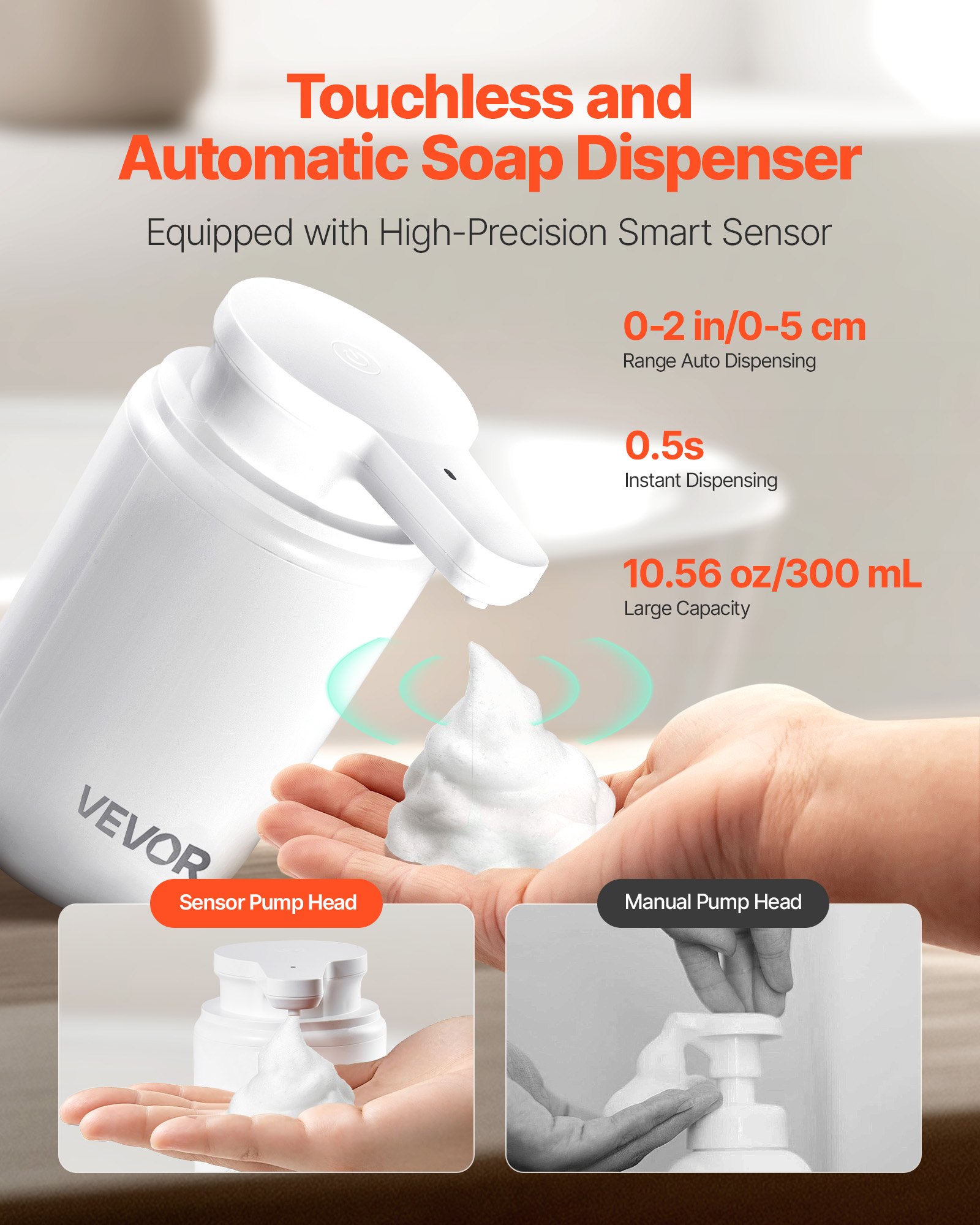 VEVOR Soap Dispenser, 300 ml / 10 oz, Rechargeable Automatic Hand Soap Dispenser with Pump, 2 Adjustable Levels, Modern Touchless Liquid Foam Container with Indicator for Bathroom and Kitchen, White