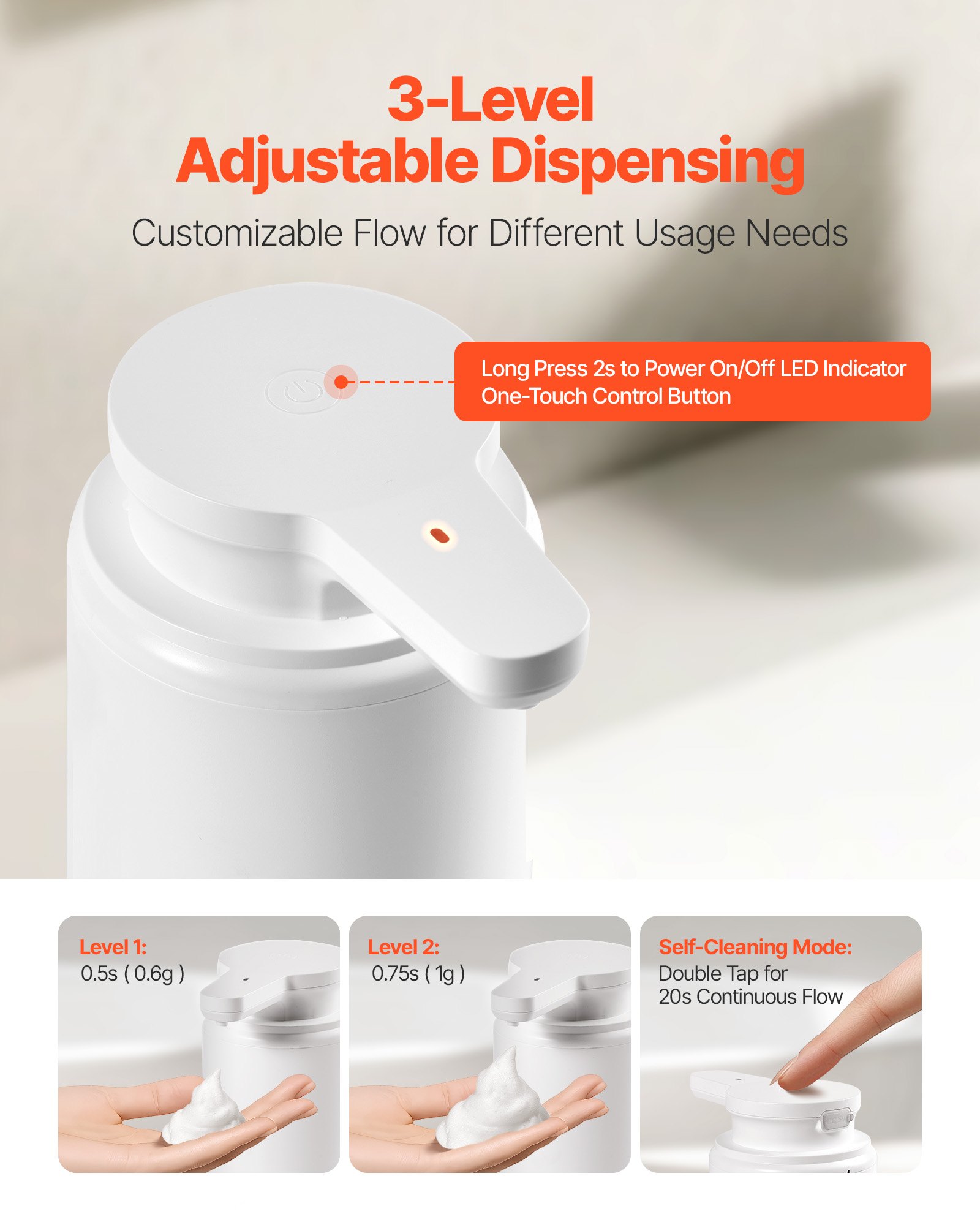 VEVOR Soap Dispenser, 300 ml / 10 oz, Rechargeable Automatic Hand Soap Dispenser with Pump, 2 Adjustable Levels, Modern Touchless Liquid Foam Container with Indicator for Bathroom and Kitchen, White
