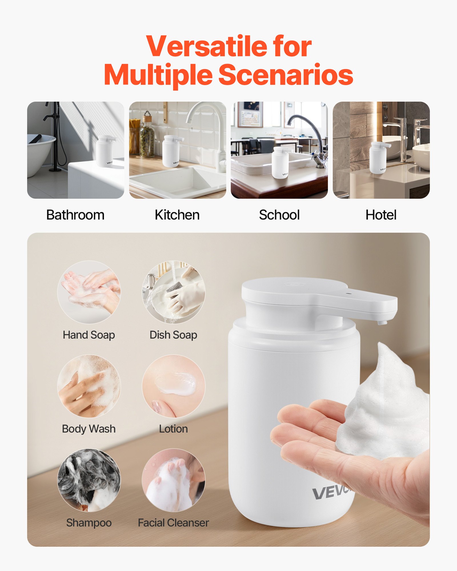 VEVOR Soap Dispenser, 300 ml / 10 oz, Rechargeable Automatic Hand Soap Dispenser with Pump, 2 Adjustable Levels, Modern Touchless Liquid Foam Container with Indicator for Bathroom and Kitchen, White