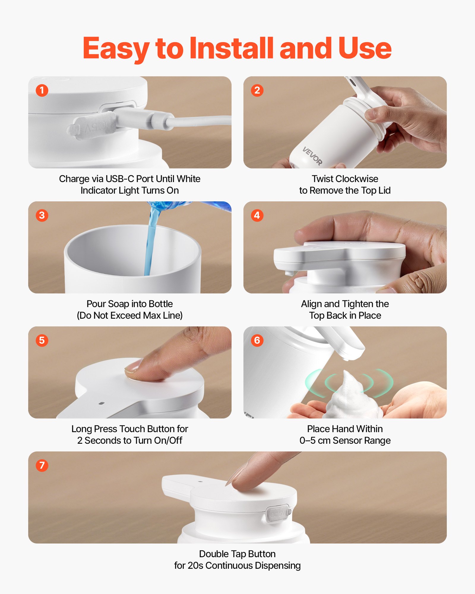 VEVOR Soap Dispenser, 300 ml / 10 oz, Rechargeable Automatic Hand Soap Dispenser with Pump, 2 Adjustable Levels, Modern Touchless Liquid Foam Container with Indicator for Bathroom and Kitchen, White