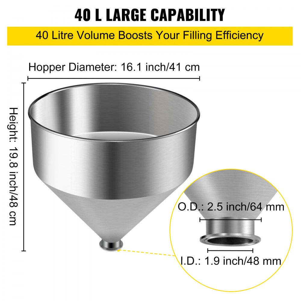 VEVOR 40L/10.6Gal 304 Stainless Steel Hopper for Paste/Liquid Filling Machine
