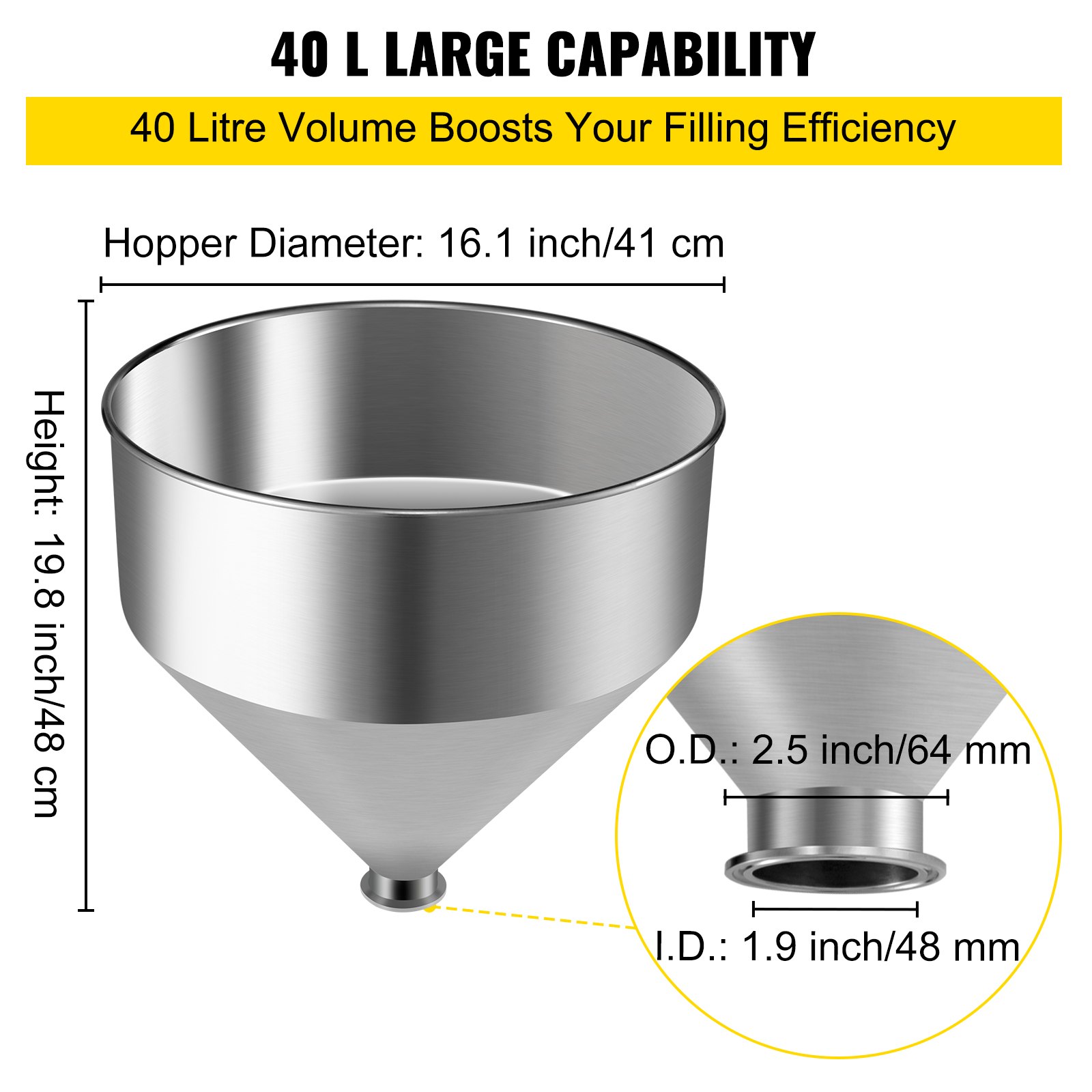 VEVOR 40L/10.6Gal 304 Stainless Steel Hopper for Paste/Liquid Filling Machine