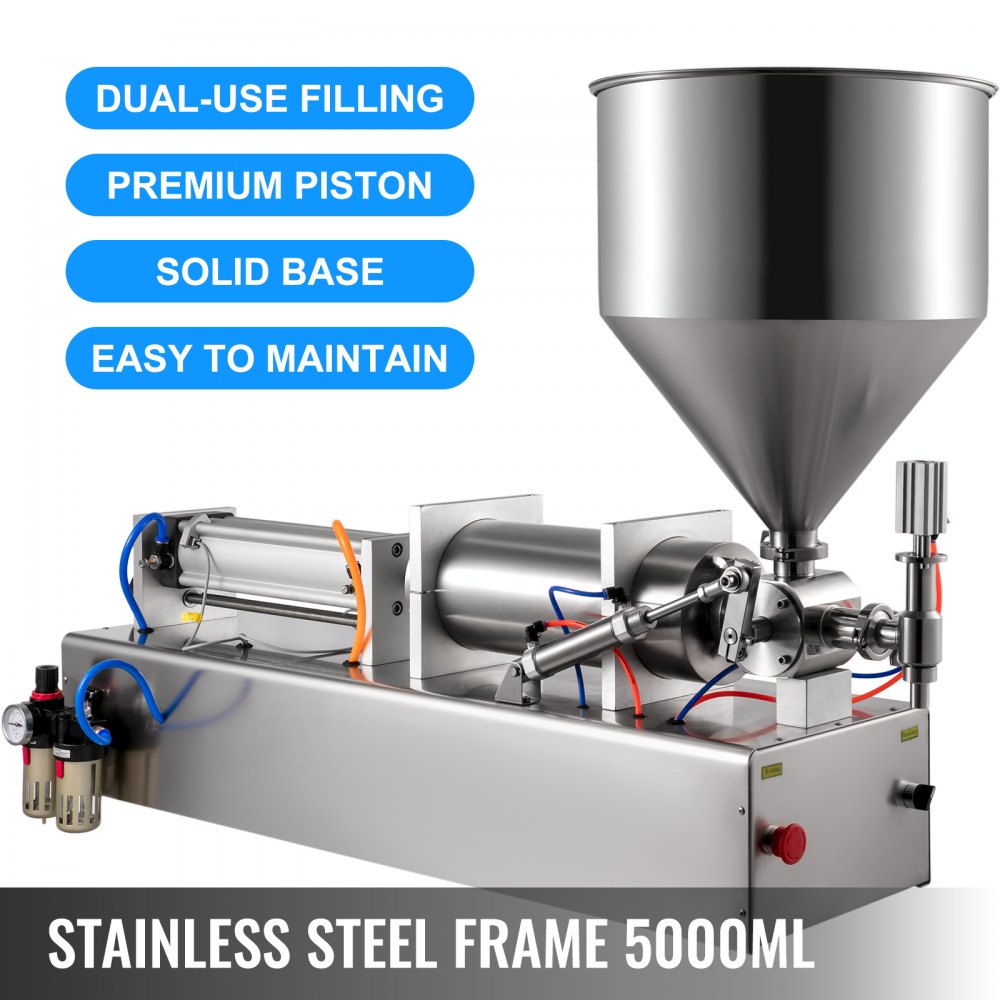 VEVOR Pneumatic Liquid Paste Filling Machine 1000-5000ml, Dual-use Cream Paste Filling Machine 40L Hopper, Paste Filler Stainless Steel Piston for Toothpaste Cream Shampoo