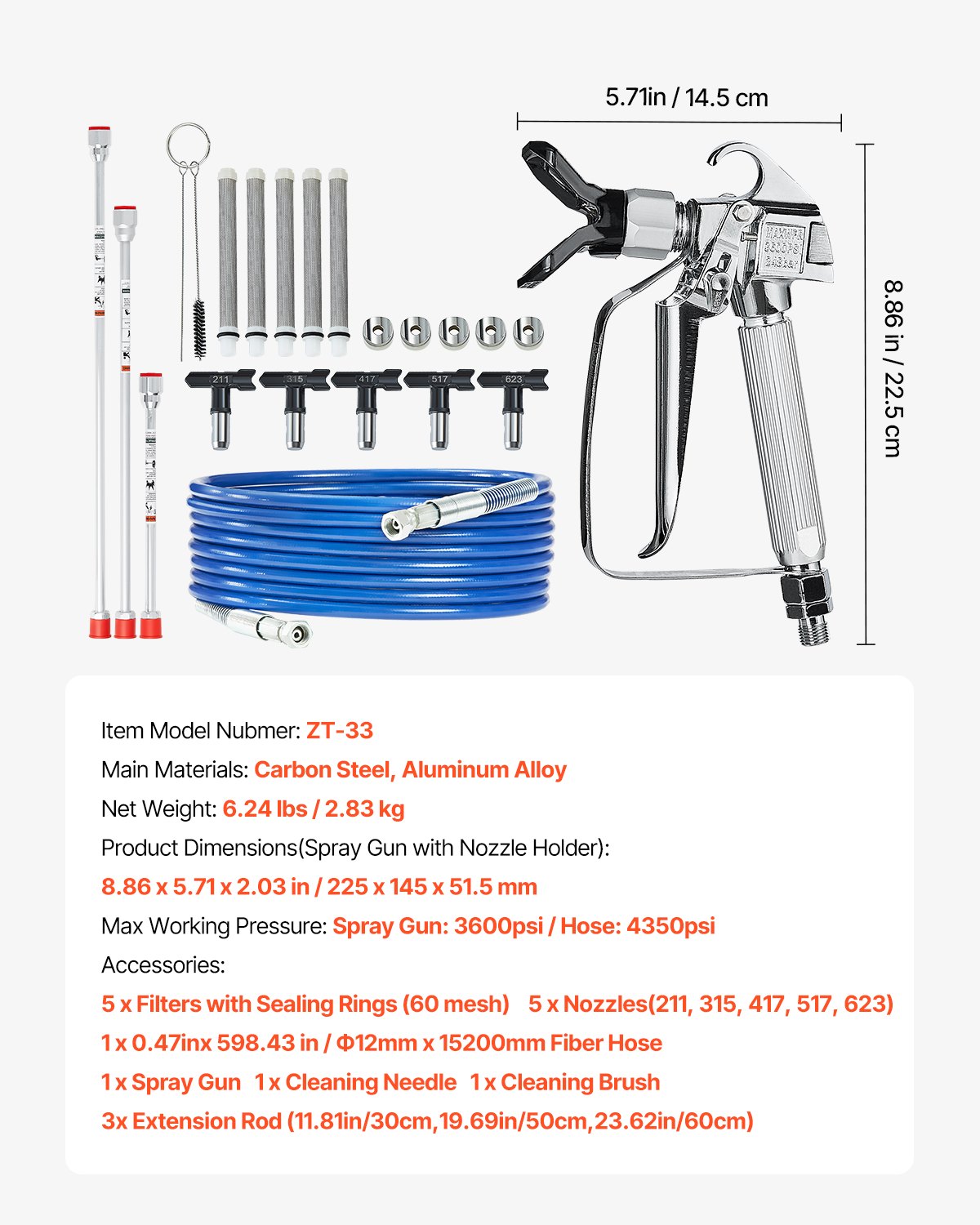 VEVOR Airless Paint Spray Gun and Hose Kit, 3600PSI High Pressure Paint Sprayer Hose Set with 5 Tips, 211, 315, 417, 517, 623, Swivel Joint Airless Spray Gun Kit with Filters, Hose and Extension Rods