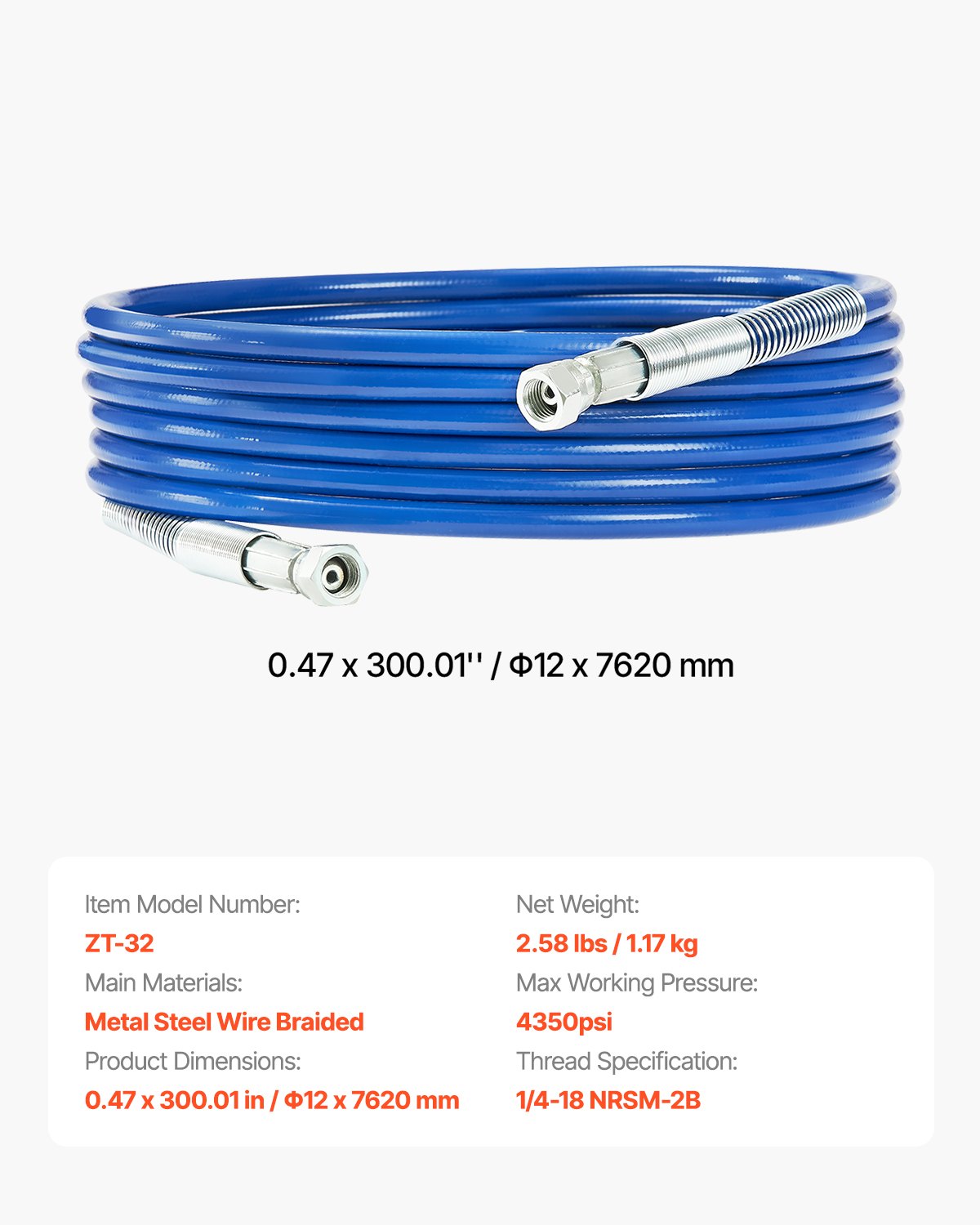 VEVOR 25ft Airless Paint Sprayer Hose, 1/4 in Universal Airless Paint Spray Hose, 4350 PSI High Pressure Flexible Airless Sprayer Hose, Multi-Layer Reinforced Steel Wire Braid Hose for Paint Sprayer