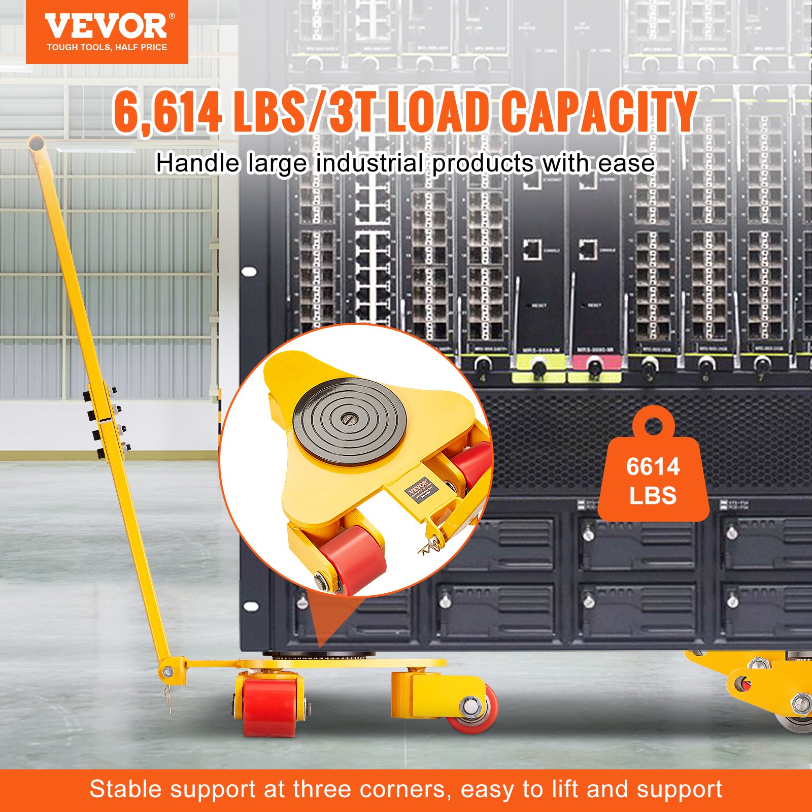 VEVOR Machinery Skate Dolly, 6614 LBS/3T Industrial Machinery Mover with Handle, Carbon Steel Machinery Moving Skate with 3 360° Swivel PU Wheels, 360° Rotation Non-Slip Cap for Warehouse, Workshop