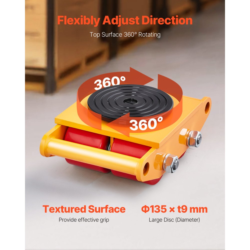VEVOR Machinery Skate Dolly, 13,200 LBS/6T Industrial Machinery Mover, Heavy Duty Carbon Steel Machinery Moving Skate with 4 PU Wheels and 360° Rotation Non-Slip Cap for Warehouse, Workshop, Factory