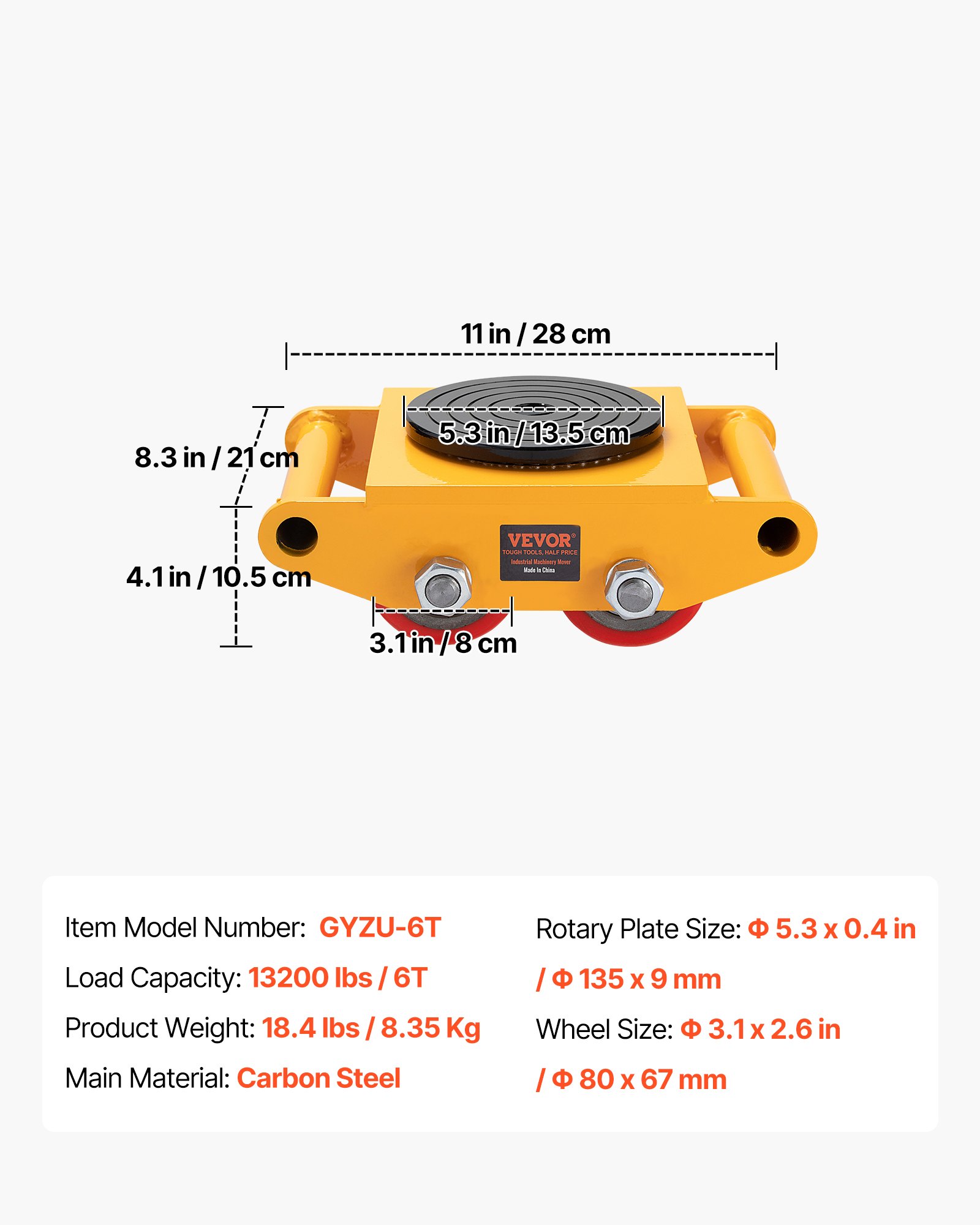 VEVOR Machinery Skate Dolly, 13,200 LBS/6T Industrial Machinery Mover, Heavy Duty Carbon Steel Machinery Moving Skate with 4 PU Wheels and 360° Rotation Non-Slip Cap for Warehouse, Workshop, Factory