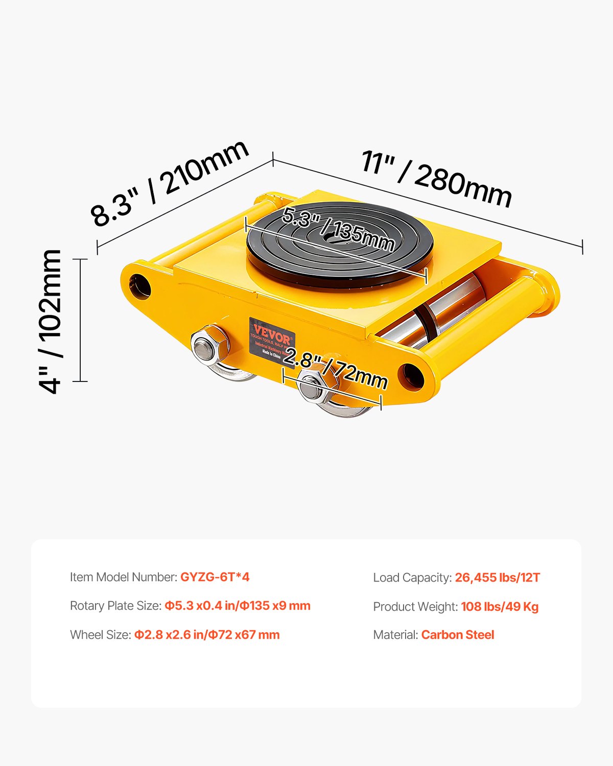 VEVOR 4PCS Machinery Skate Dolly, 11999.8 kg Industrial Machinery Mover, Heavy Duty Carbon Steel Machinery Moving Skate & 4 Carbon Steel Wheels and 360° Rotation Non-Slip Cap for Warehouse, Factory