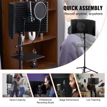 VEVOR Bouclier d'isolation de microphone, 5 panneaux, bouclier sonore pliable pour enregistrement en studio, avec filtre anti-pop, trépied de sol, adaptateur de microphone 3/8'' à 5/8'', pour microphones Blue Yeti et à condensateur