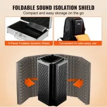 VEVOR Microphone Isolation Shield, 5-Panel, Studio Recording Mic Sound Shield, with Pop Filter Desktop Tripod Stand and 3/8'' to 5/8'' Microphone Adapter, for Blue Yeti and Condenser Microphones