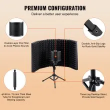 VEVOR Microphone Isolation Shield, 5-Panel, Studio Recording Mic Sound Shield, with Pop Filter Desktop Tripod Stand and 3/8'' to 5/8'' Microphone Adapter, for Blue Yeti and Condenser Microphones