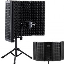 VEVOR Protector de aislamiento de micrófono, 5 paneles, protector de sonido para micrófono de grabación de estudio, con soporte para trípode de escritorio con filtro pop y adaptador de micrófono de 3/8'' a 5/8'', para micrófonos Yeti y condensadores azules
