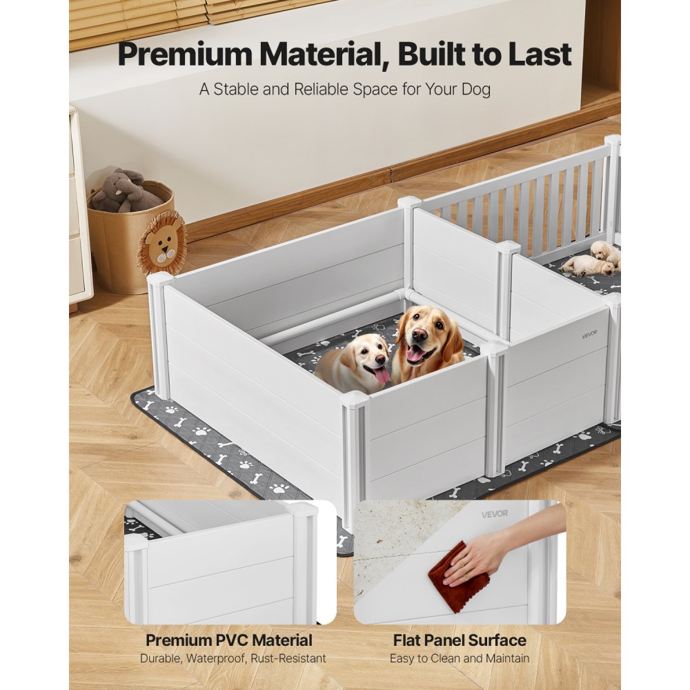 VEVOR Dogs Whelping Box, 2370 x 1230 x 460 mm, Plastic PVC Puppies Playpen with Height Adjustable Door and Washable Pee Pad, 2-Room Layout Indoor Puppy Play Pen for Extra Large Breed Dogs, Milk White