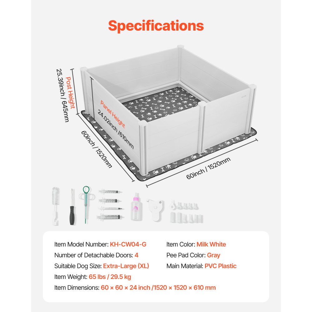 VEVOR Dogs Whelping Box, 1520 x 1520 x 610 mm, Plastic PVC Puppy Playpen with Height Adjustable Door and Washable Pee Pad, Anti-Deformation Indoor Puppy Play Pen for Extra Large Breed Dogs, Milk White