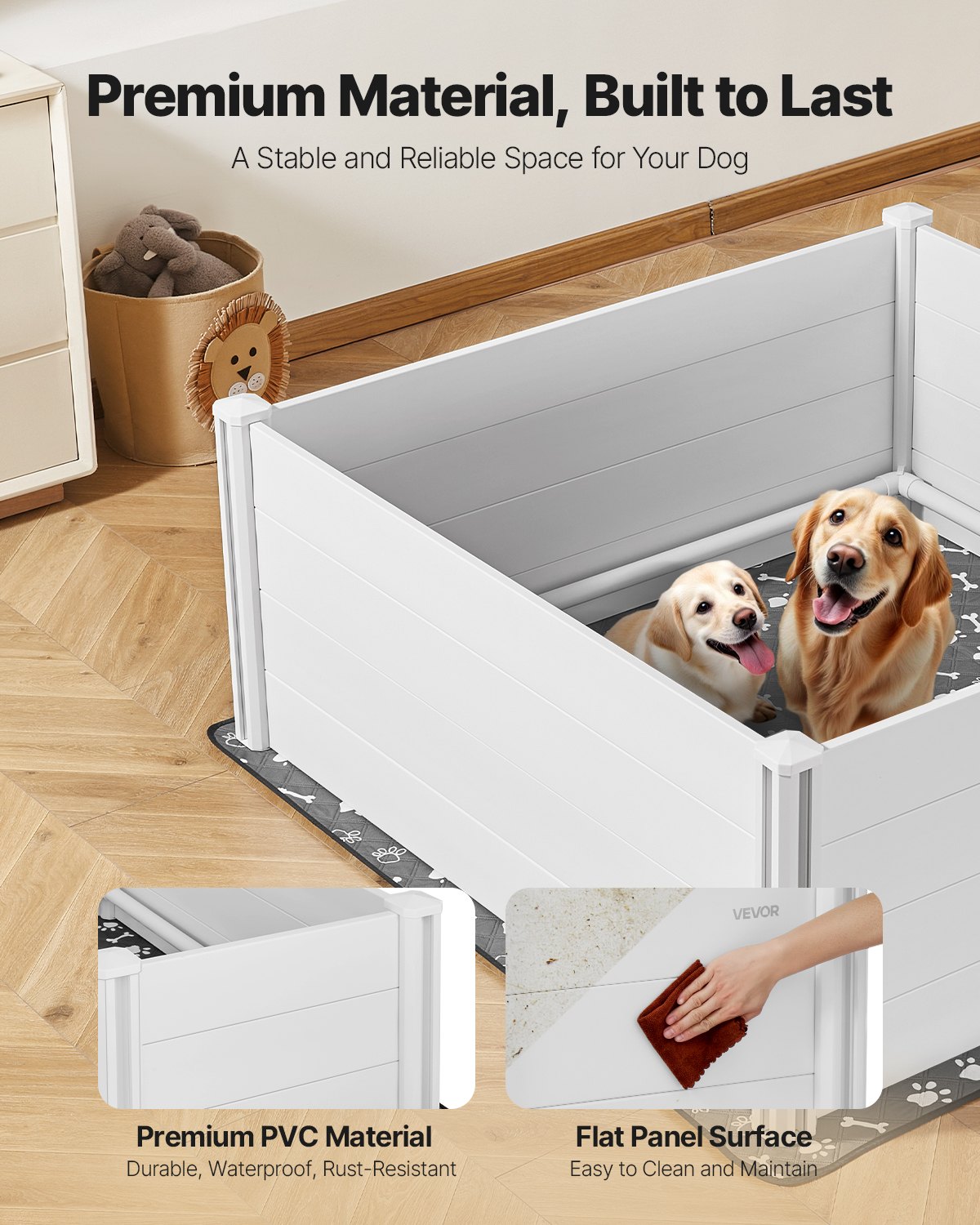 VEVOR Dogs Whelping Box, 1520 x 1520 x 610 mm, Plastic PVC Puppy Playpen with Height Adjustable Door and Washable Pee Pad, Anti-Deformation Indoor Puppy Play Pen for Extra Large Breed Dogs, Milk White