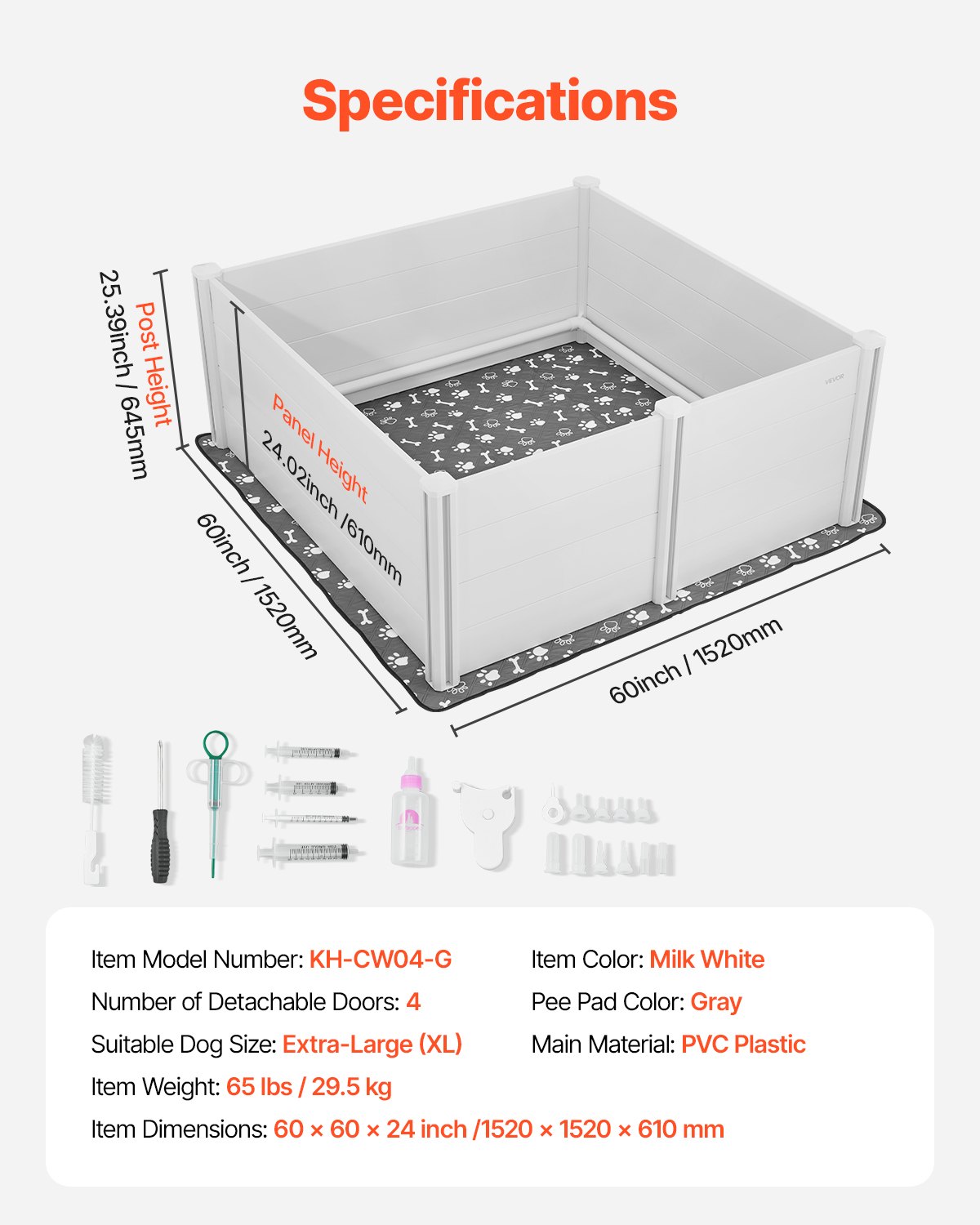 VEVOR Dogs Whelping Box, 1520 x 1520 x 610 mm, Plastic PVC Puppy Playpen with Height Adjustable Door and Washable Pee Pad, Anti-Deformation Indoor Puppy Play Pen for Extra Large Breed Dogs, Milk White