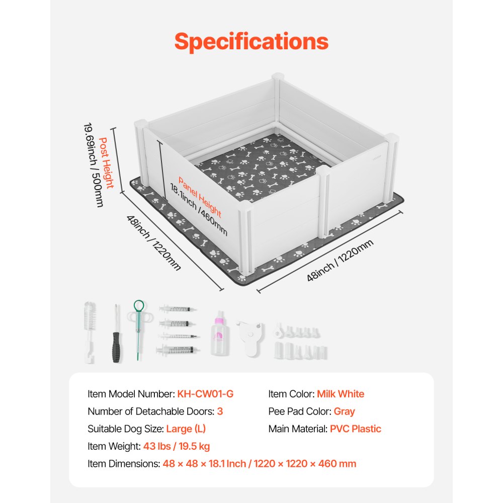 VEVOR Dogs Whelping Box, 1220 x 1220 x 460 mm, Plastic PVC Puppies Playpen with Height Adjustable Door and Washable Pee Pad, Anti-Deformation Indoor Puppy Play Pen for Large Breed Dogs, Milk White