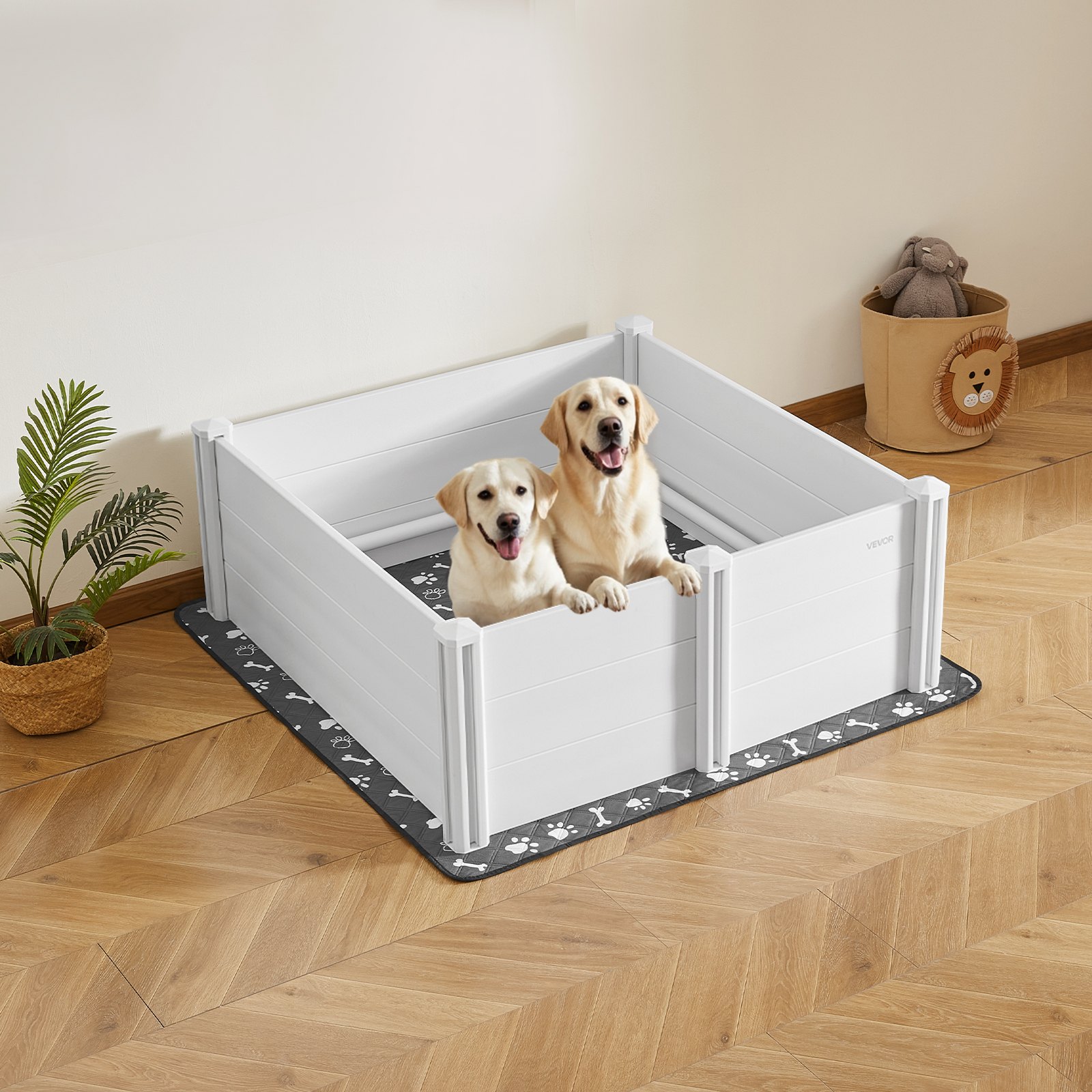 VEVOR Dogs Whelping Box, 1220 x 1220 x 460 mm, Plastic PVC Puppies Playpen with Height Adjustable Door and Washable Pee Pad, Anti-Deformation Indoor Puppy Play Pen for Large Breed Dogs, Milk White