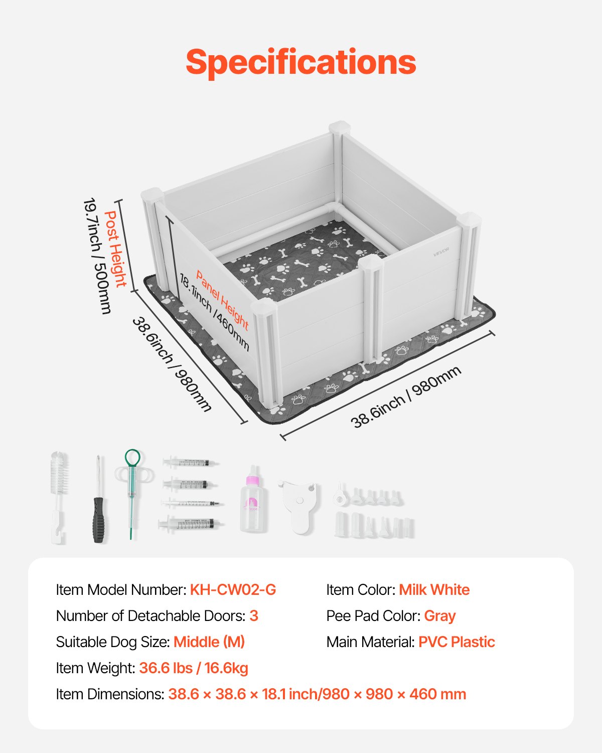 VEVOR Dogs Whelping Box, 38.6 x 38.6 x 18.1 inch, Plastic PVC Puppies Playpen with Height Adjustable Door and Washable Pee Pad, Anti-Deformation Indoor Puppy Play Pen for Medium Breed Dogs, Milk White