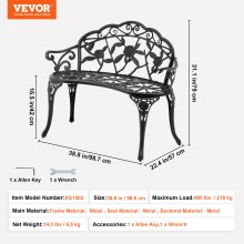 VEVOR Outdoor Bench, 480 lbs Load Capacity Bench, 38.8 inches Metal Garden Bench for Outdoors,Outdoor Garden Park Bench with Backrest and Armrests, Patio Bench for Garden, Park, Yard, Front Porch