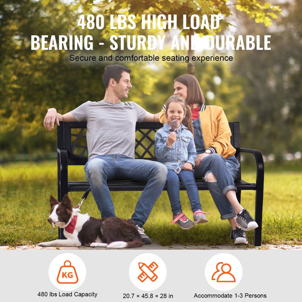 family enjoying a VEVOR outdoor bench in a park, durable with 480 lbs load capacity.