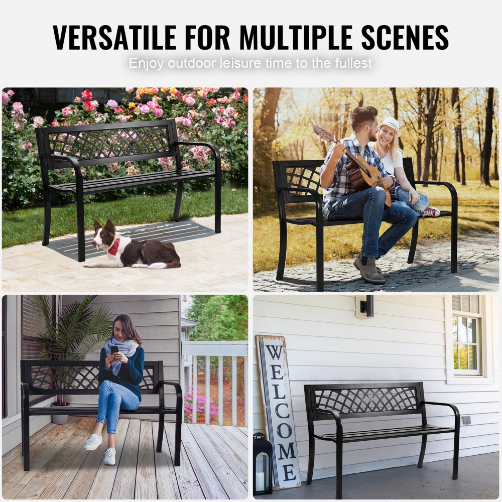 VEVOR outdoor bench in various settings, showcasing versatile uses for gardens, porches, and patios.