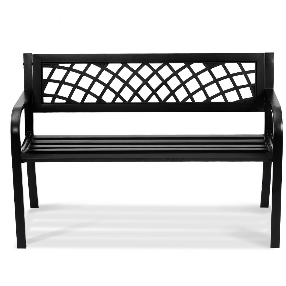 black metal bench with lattice backrest, suitable for outdoor spaces. VEVOR outdoor bench.