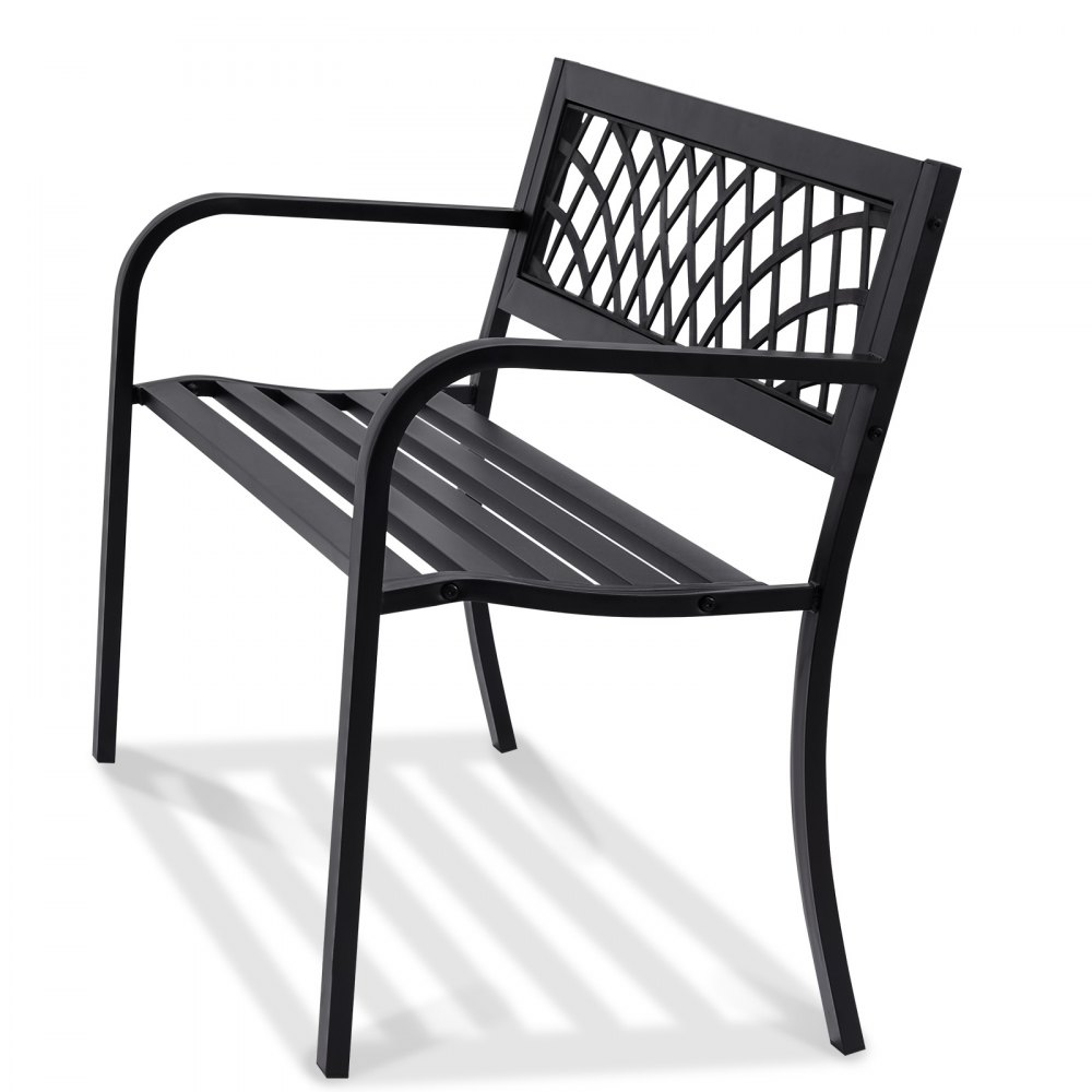 black VEVOR outdoor bench with lattice backrest and armrests, featuring a sleek and sturdy metal design.