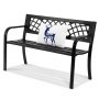 black VEVOR outdoor bench with lattice backrest and white cushion featuring a deer and &quot;never give up&quot; text.