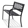 black VEVOR outdoor bench with lattice backrest and armrests, featuring a sleek and sturdy metal design.
