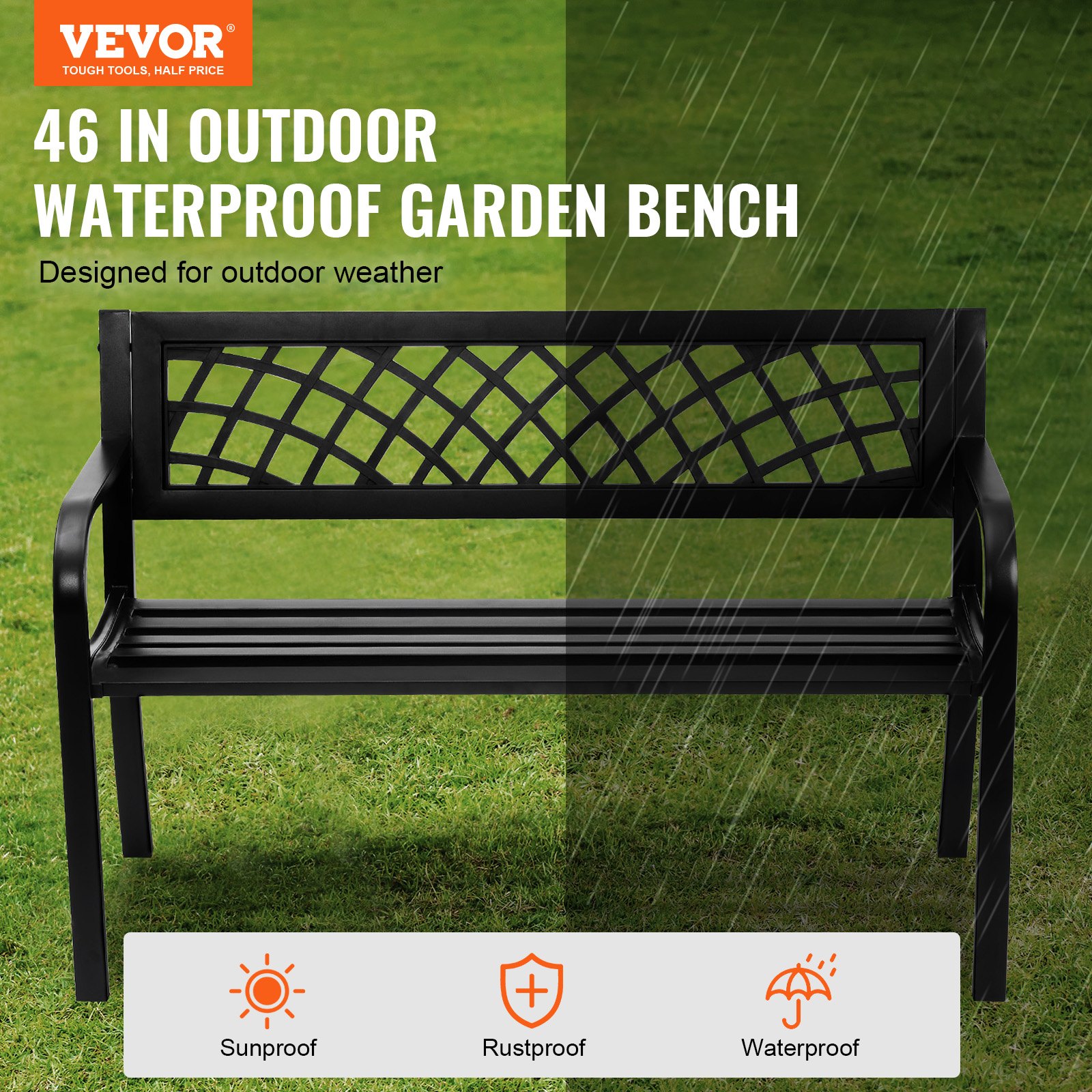 VEVOR outdoor bench in a rain and sunshine setting, highlighting sunproof, rustproof, and waterproof features.