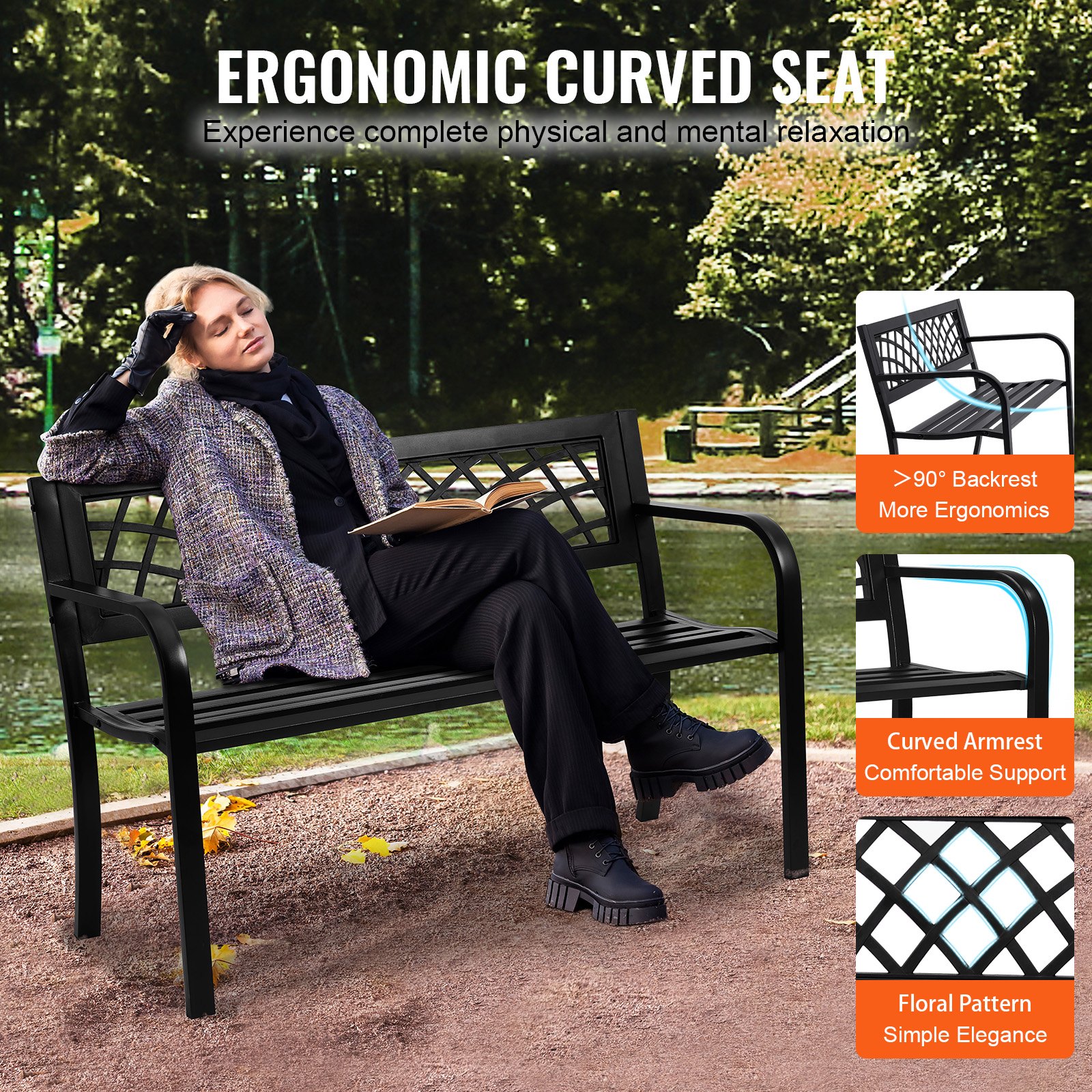 VEVOR outdoor bench with ergonomic curved seat, black metal, floral pattern, in a scenic park setting.